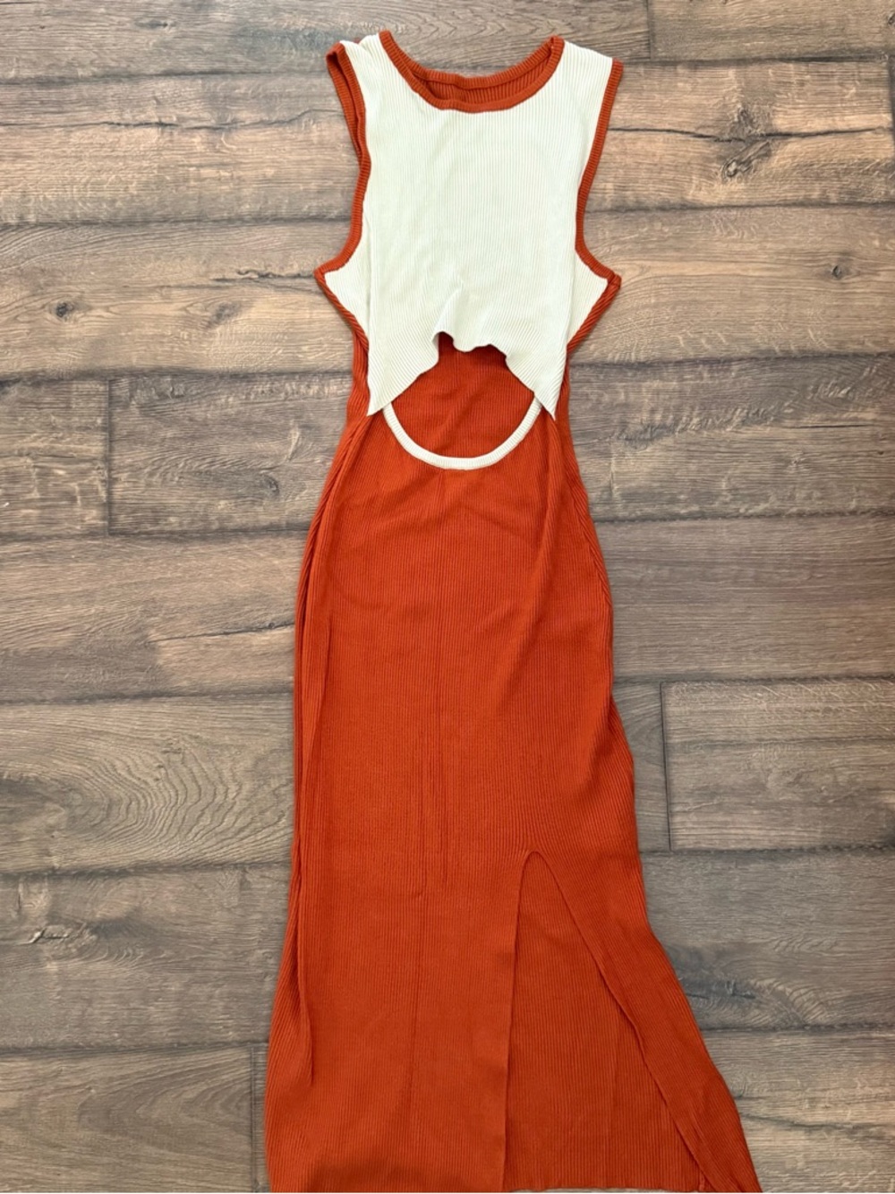Cutout Two-Tone Ribbed Maxi Dress in Rust & Cream